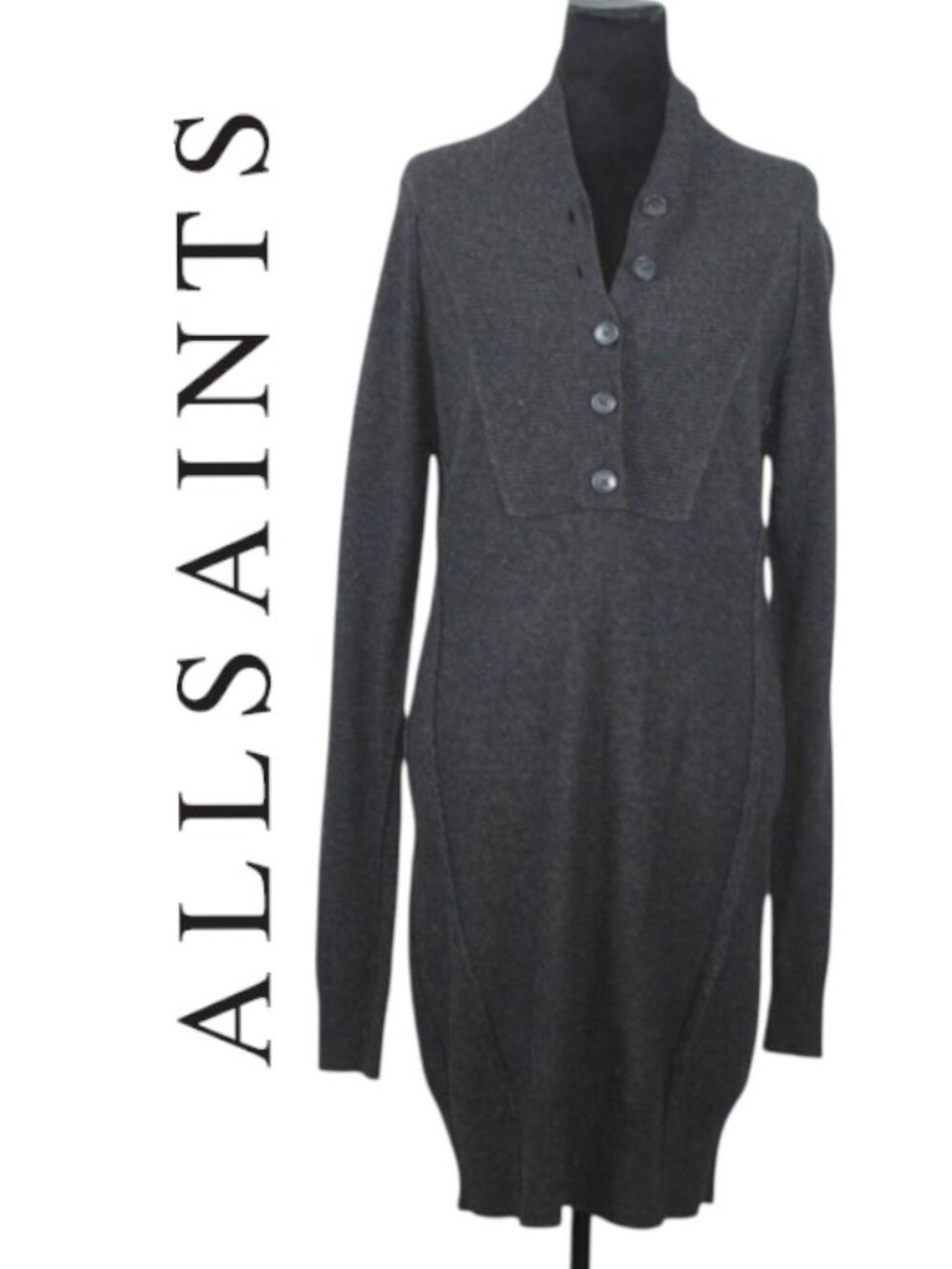 All Saints Long Sleeve Knit Dress with Shawl Collar Size 12